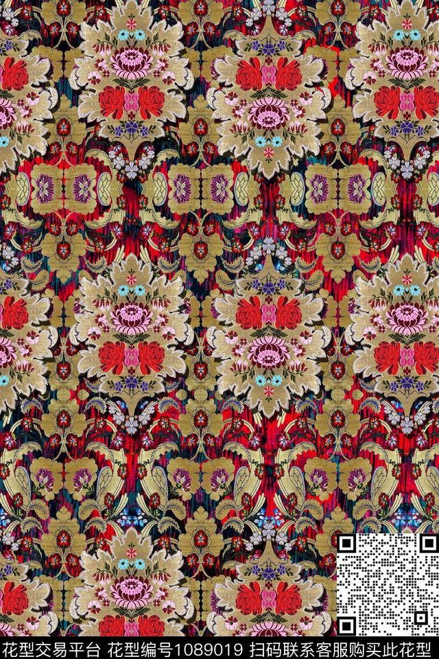 条纹民族风花卉数码印花华亿平台下载（图片编号: 1089019） - 瓦栏（Walan）