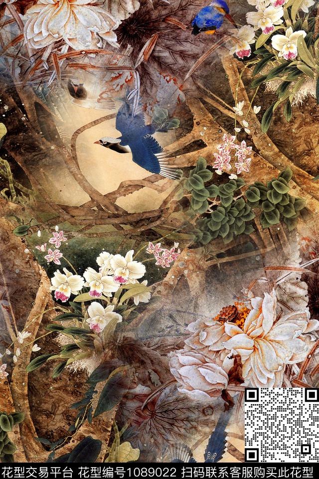 花卉中国风手绘花卉数码印花华亿平台下载（图片编号: 1089022） - 瓦栏（Walan）