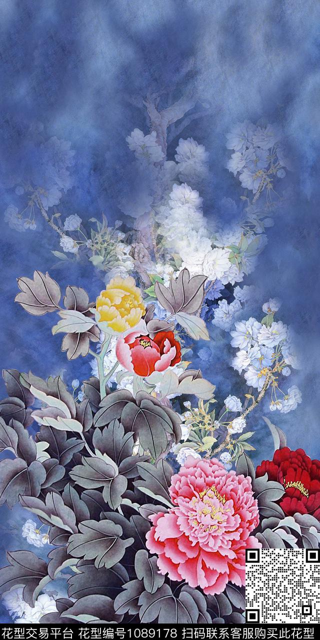 香云纱中国风定位花牡丹数码印花华亿平台下载（图片编号: 1089178） - 瓦栏（Walan）