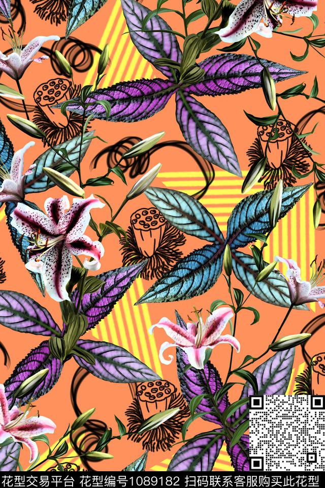 手绘花卉花卉抽象植物数码印花华亿平台下载（图片编号: 1089182） - 瓦栏（Walan）