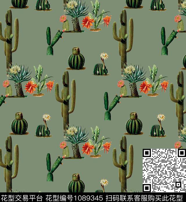 仙人掌时尚流行花朵花卉数码印花华亿平台下载（图片编号: 1089345） - 瓦栏（Walan）