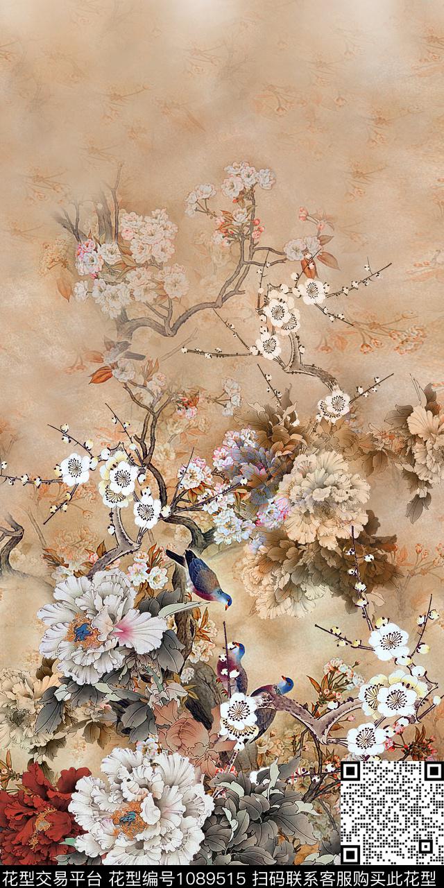 鸟香云纱中国风定位花数码印花华亿平台下载（图片编号: 1089515） - 瓦栏（Walan）