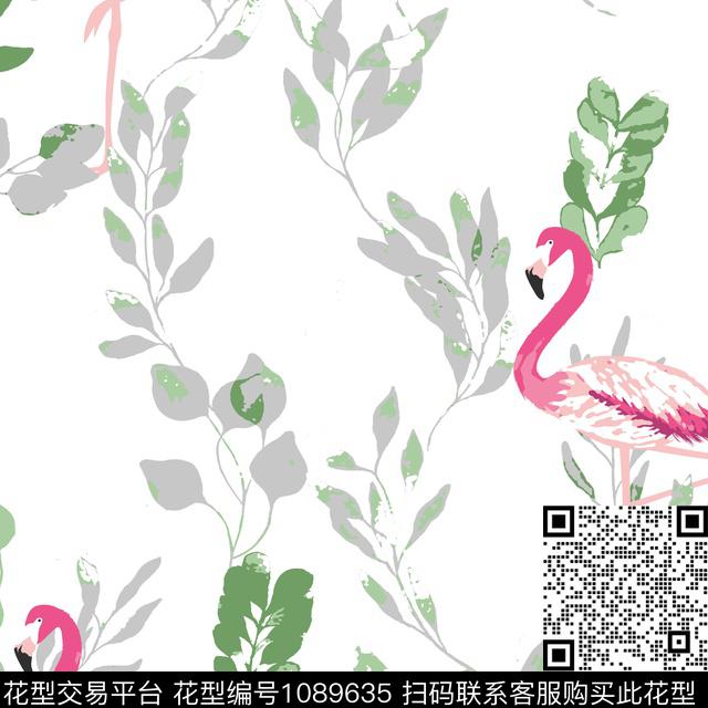 火烈鸟绿植树叶清爽底花卉传统印花华亿平台下载（图片编号: 1089635） - 瓦栏（Walan）