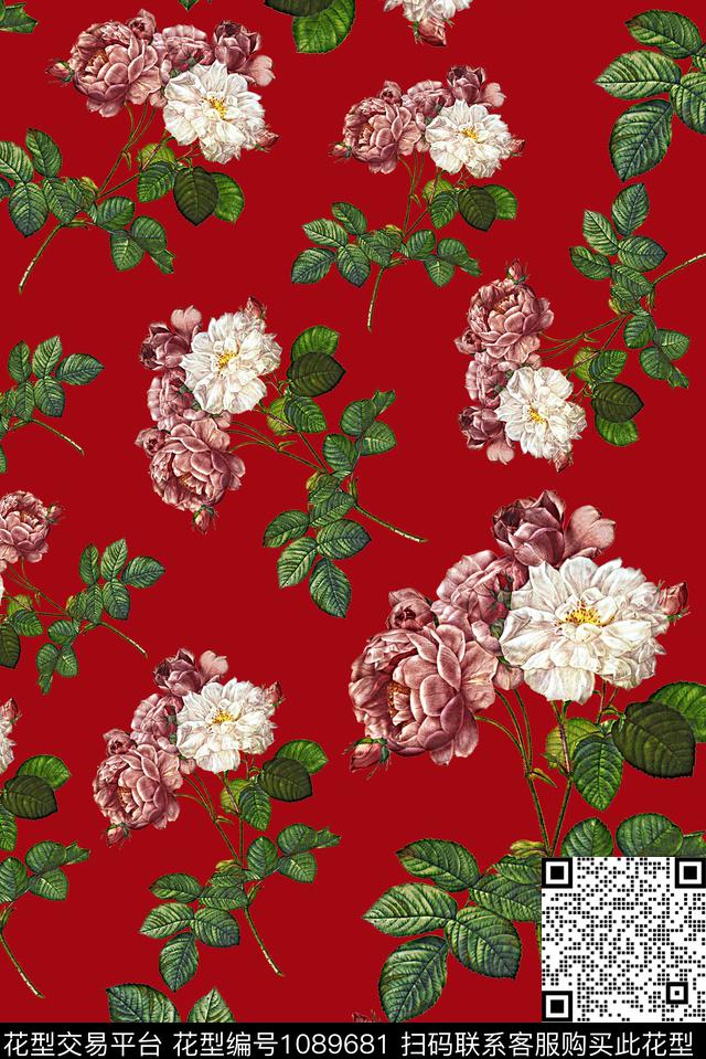 手绘玫瑰花卉女装数码印花华亿平台下载（图片编号: 1089681） - 瓦栏（Walan）