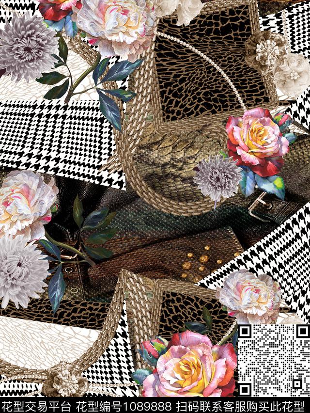 秋冬华亿平台格子手绘花卉数码印花华亿平台下载（图片编号: 1089888） - 瓦栏（Walan）
