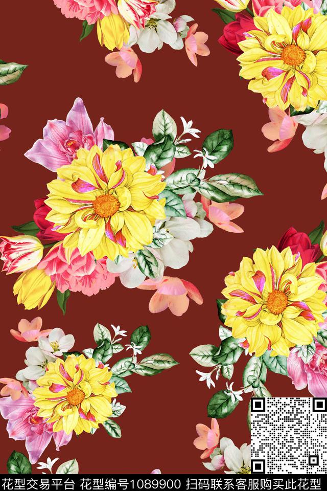 植物抽象手绘花卉数码印花华亿平台下载（图片编号: 1089900） - 瓦栏（Walan）