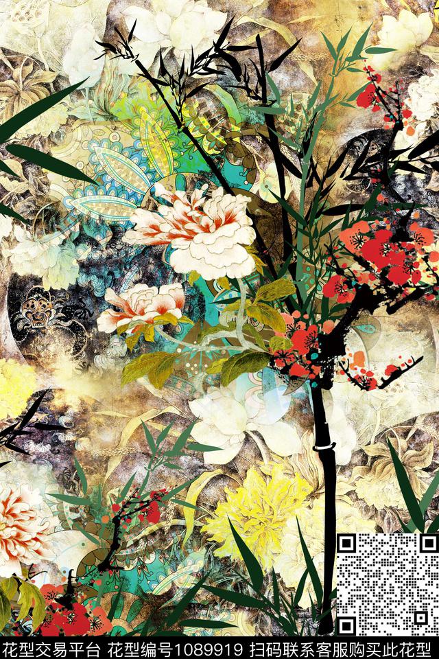 国画水墨树叶牡丹花卉数码印花华亿平台下载（图片编号: 1089919） - 瓦栏（Walan）