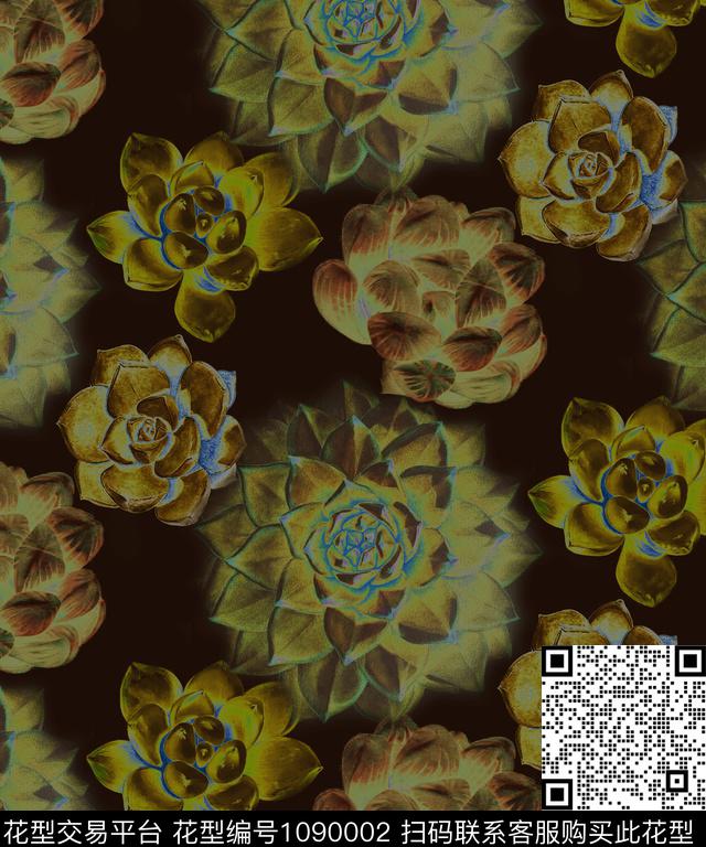 大花多肉创意数码印花华亿平台下载（图片编号: 1090002） - 瓦栏（Walan）