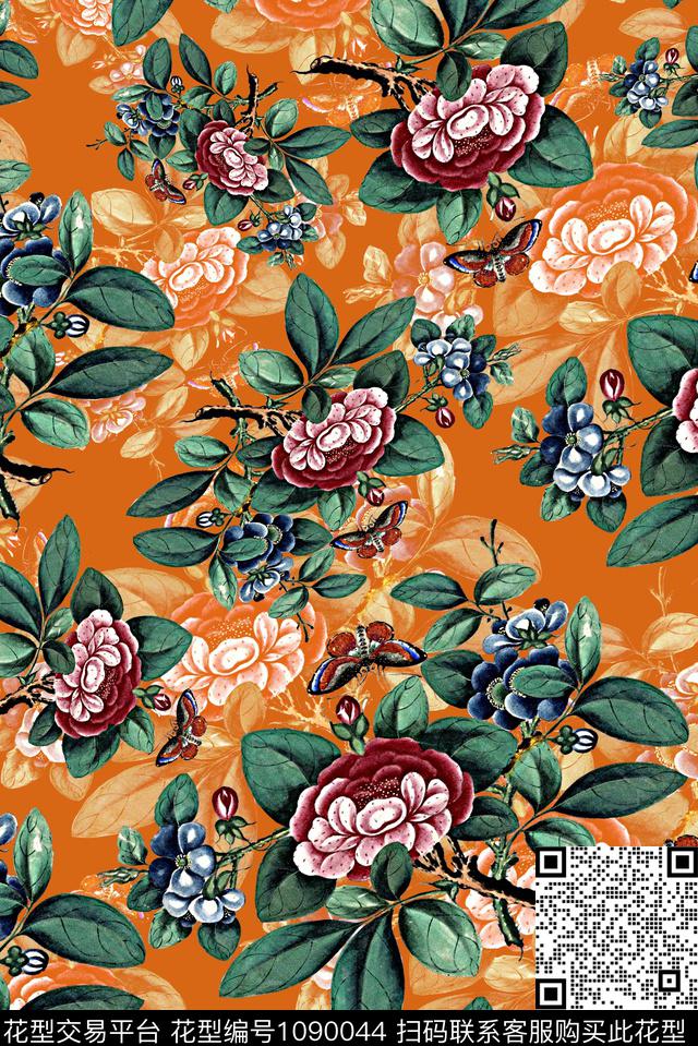 植物手绘花卉女装数码印花华亿平台下载（图片编号: 1090044） - 瓦栏（Walan）
