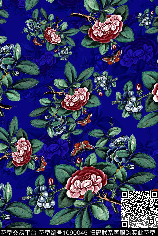 植物手绘花卉女装数码印花华亿平台下载（图片编号: 1090045） - 瓦栏（Walan）