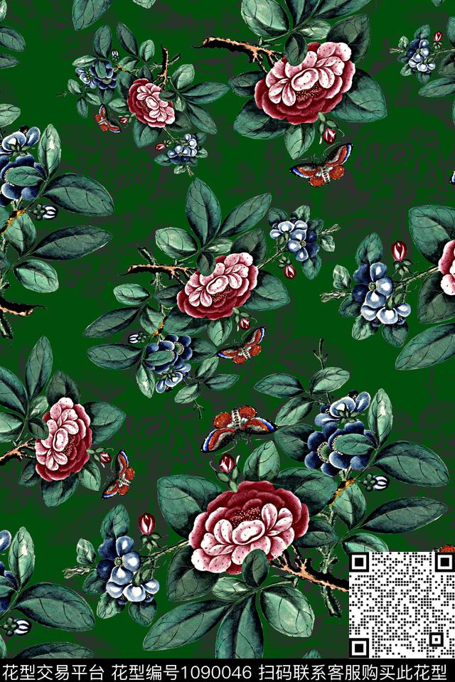 植物手绘花卉女装数码印花华亿平台下载（图片编号: 1090046） - 瓦栏（Walan）