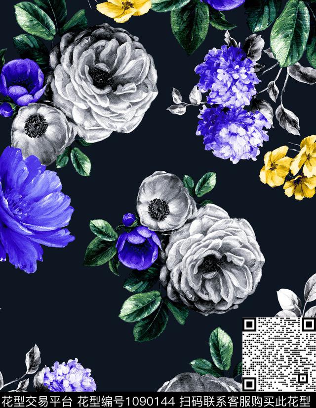 牡丹小雏菊新品数码印花华亿平台下载（图片编号: 1090144） - 瓦栏（Walan）