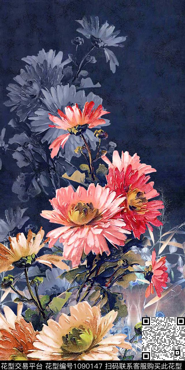 中国风定位花大牌风工笔大菊花数码印花华亿平台下载（图片编号: 1090147） - 瓦栏（Walan）