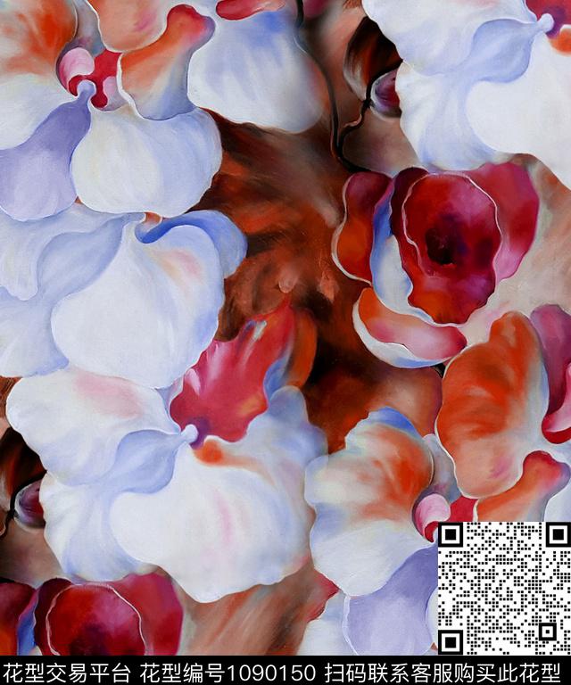 手绘花卉香云纱兰花数码印花华亿平台下载（图片编号: 1090150） - 瓦栏（Walan）