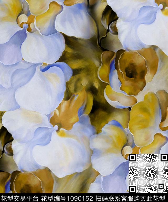手绘花卉香云纱兰花数码印花华亿平台下载（图片编号: 1090152） - 瓦栏（Walan）