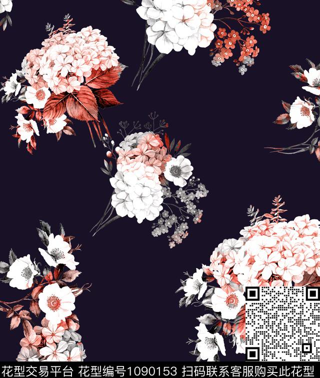 绣球花黑底花卉大花数码印花华亿平台下载（图片编号: 1090153） - 瓦栏（Walan）