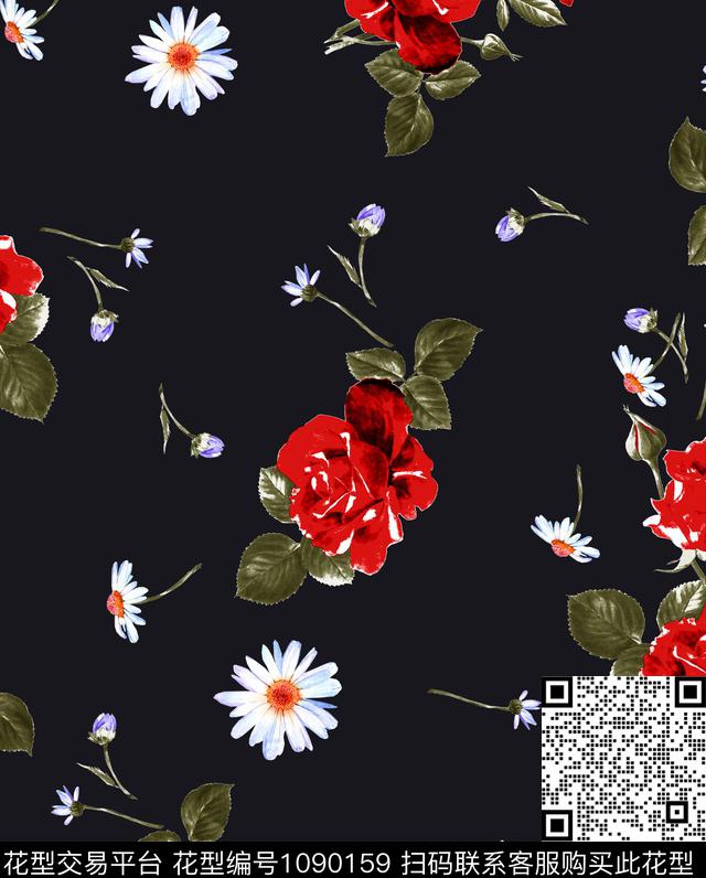 小碎花小雏菊黑底花卉数码印花华亿平台下载（图片编号: 1090159） - 瓦栏（Walan）