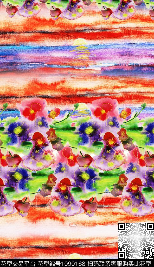 线条笔触水彩花卉数码印花华亿平台下载（图片编号: 1090168） - 瓦栏（Walan）