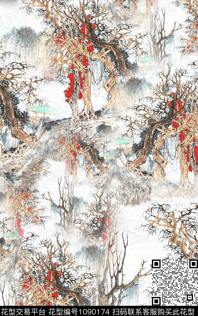 笔触中国风3D立体数码印花华亿平台下载（图片编号: 1090174） - 瓦栏（Walan）