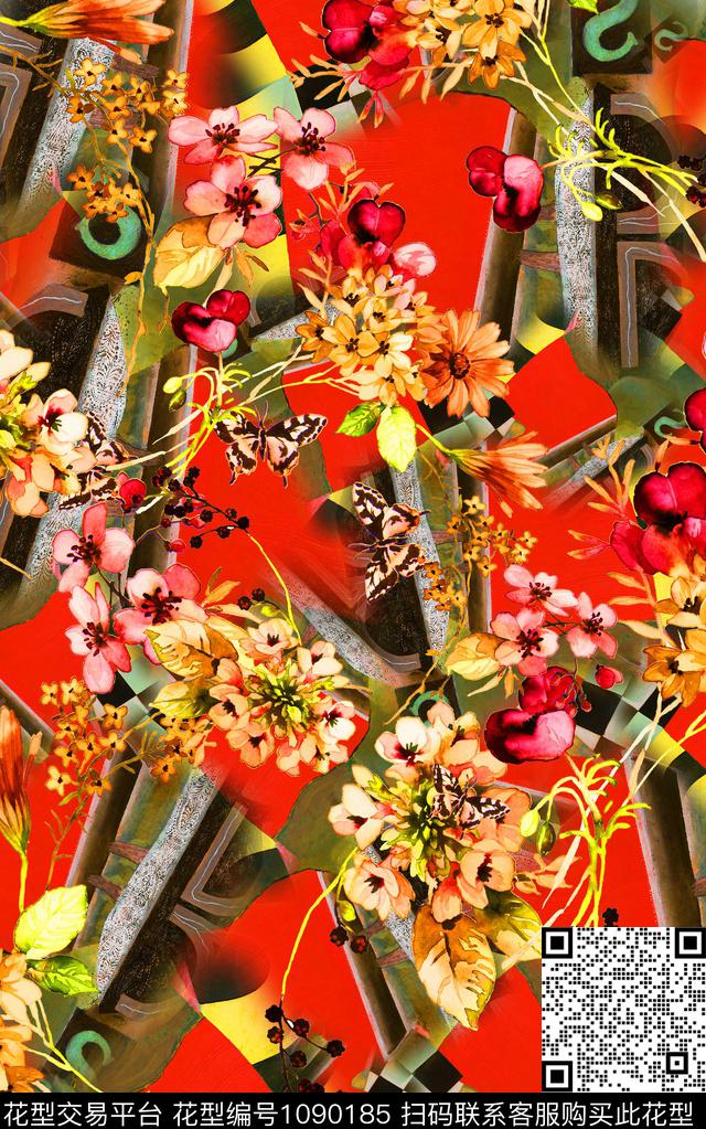 抽象花卉几何数码印花华亿平台下载（图片编号: 1090185） - 瓦栏（Walan）