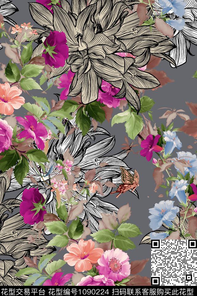 数码华亿平台春夏华亿平台线条花卉数码印花华亿平台下载（图片编号: 1090224） - 瓦栏（Walan）