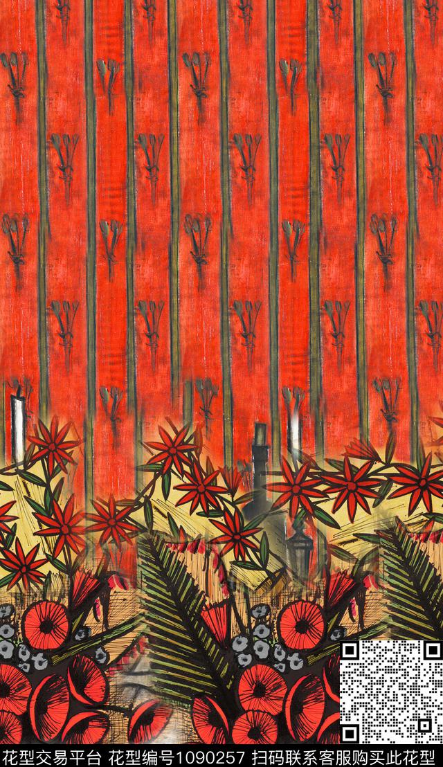 定位花线条花卉数码印花华亿平台下载（图片编号: 1090257） - 瓦栏（Walan）