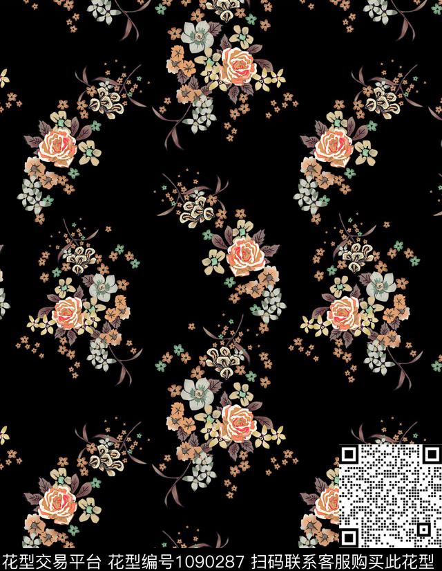 黑底花卉小碎花玫瑰花数码印花华亿平台下载（图片编号: 1090287） - 瓦栏（Walan）