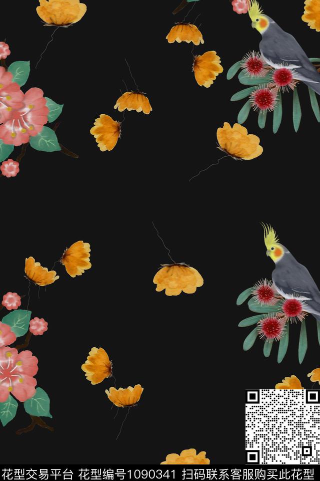 数码华亿平台鸟手绘花卉数码印花华亿平台下载（图片编号: 1090341） - 瓦栏（Walan）