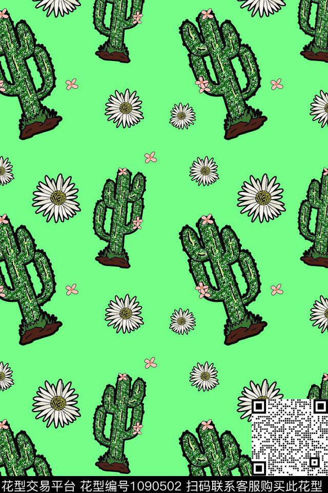 矢量仙人掌小雏菊数码印花华亿平台下载（图片编号: 1090502） - 瓦栏（Walan）