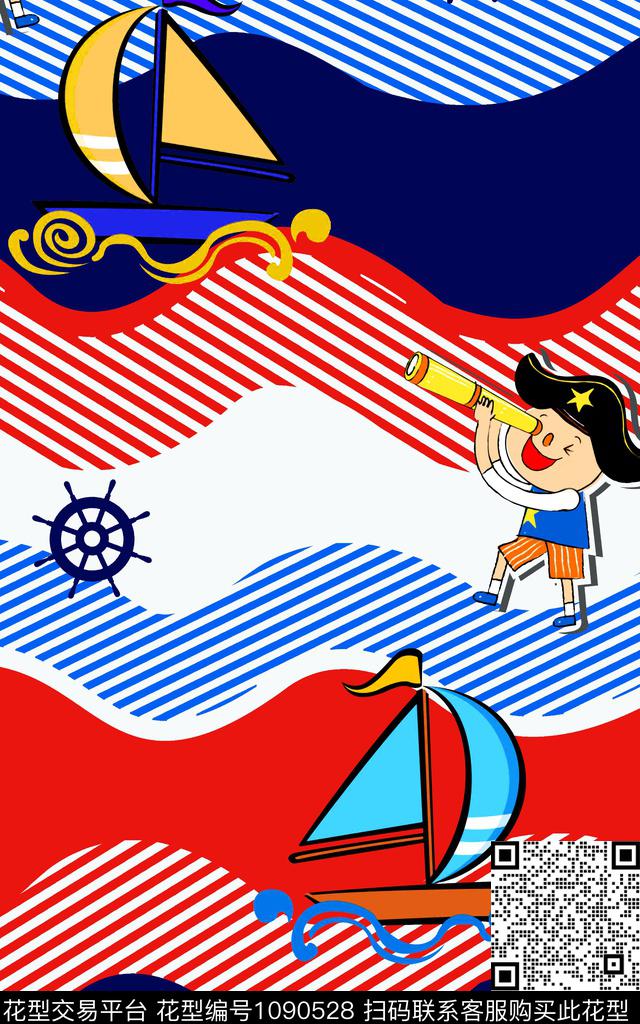 帆船几何航海风格传统印花华亿平台下载（图片编号: 1090528） - 瓦栏（Walan）