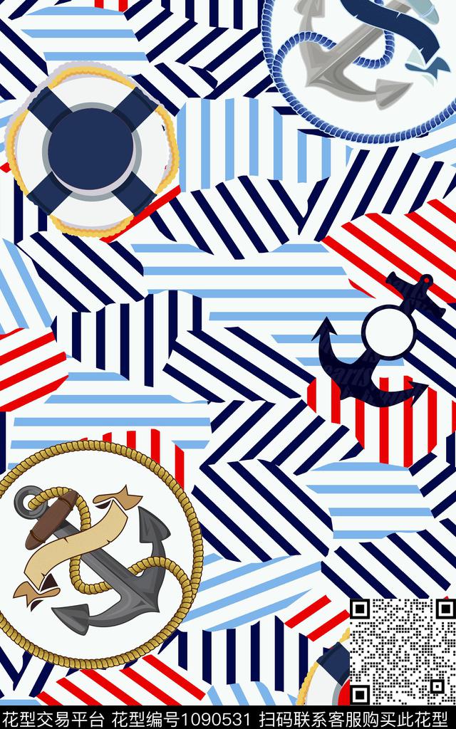 几何航海风格链条船锚传统印花华亿平台下载（图片编号: 1090531） - 瓦栏（Walan）