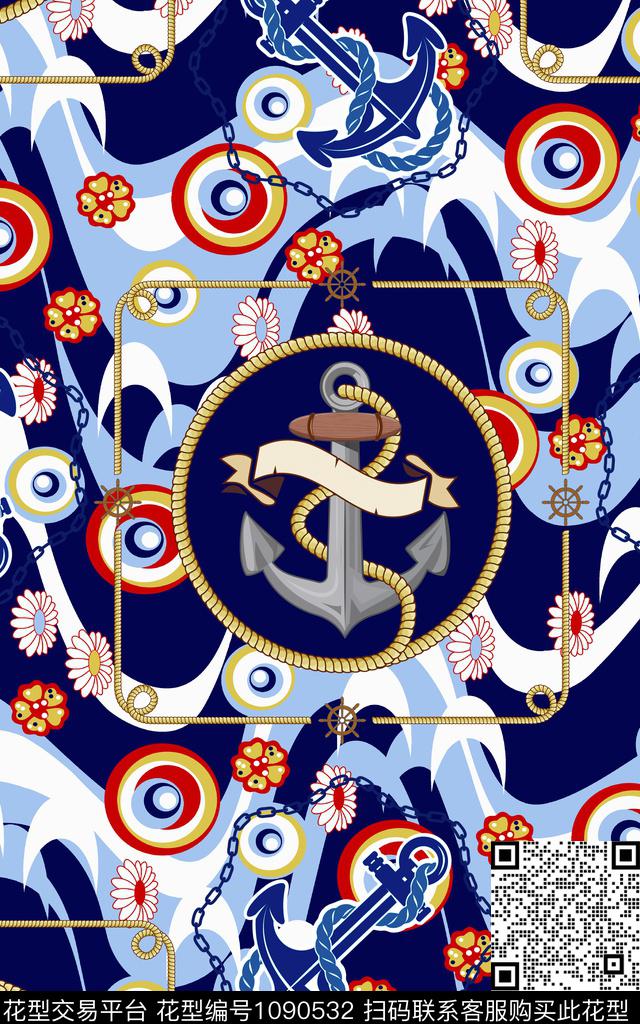 抽象花卉航海风格链条船锚传统印花华亿平台下载（图片编号: 1090532） - 瓦栏（Walan）