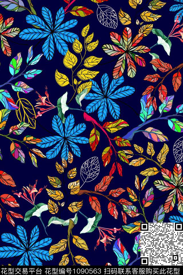 植物绿植树叶红蓝数码印花华亿平台下载（图片编号: 1090563） - 瓦栏（Walan）