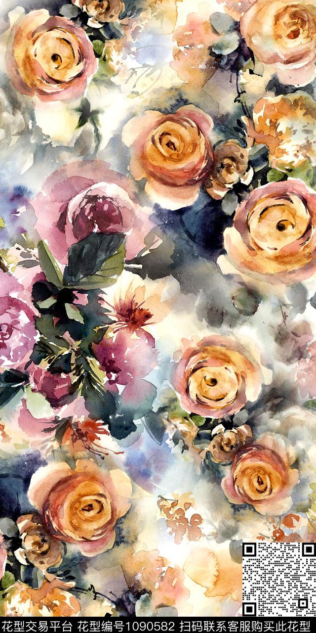 水彩花卉手绘花卉水墨风数码印花华亿平台下载（图片编号: 1090582） - 瓦栏（Walan）