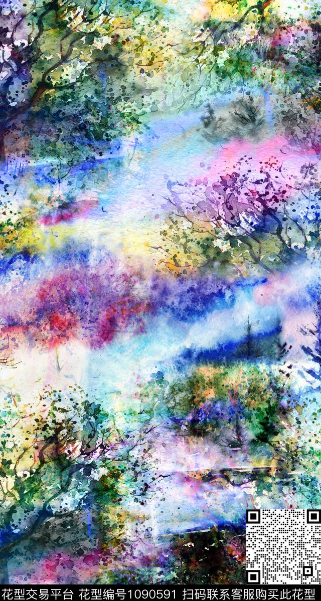 渐变风景景观水彩花卉数码印花华亿平台下载（图片编号: 1090591） - 瓦栏（Walan）