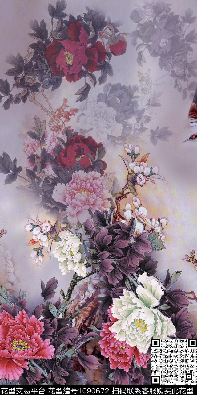 鸟香云纱牡丹数码印花华亿平台下载（图片编号: 1090672） - 瓦栏（Walan）
