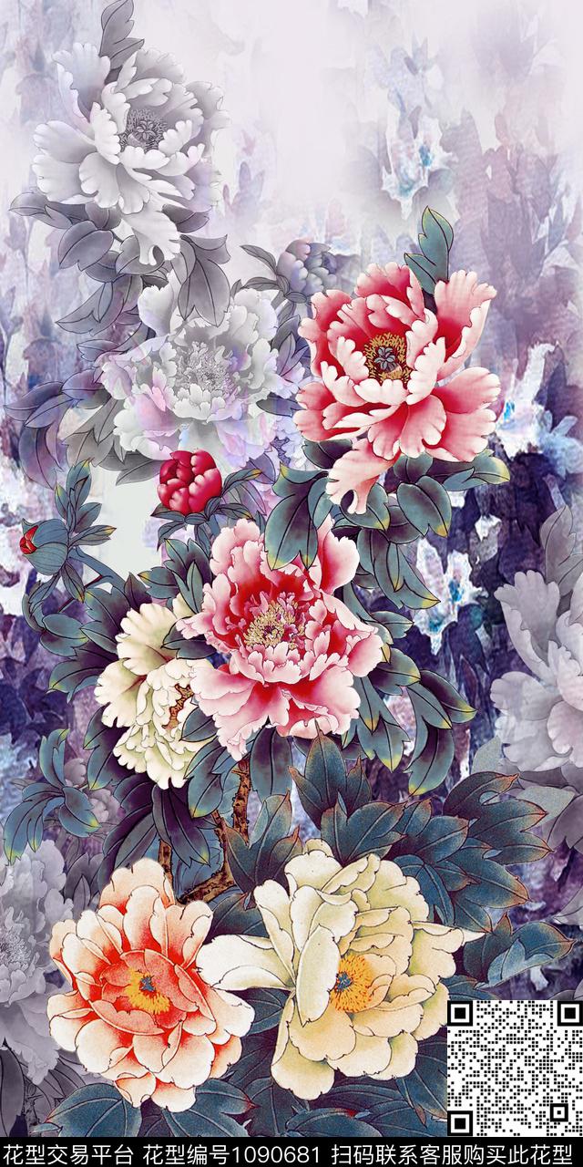 中国风定位花牡丹朦胧底纹数码印花华亿平台下载（图片编号: 1090681） - 瓦栏（Walan）