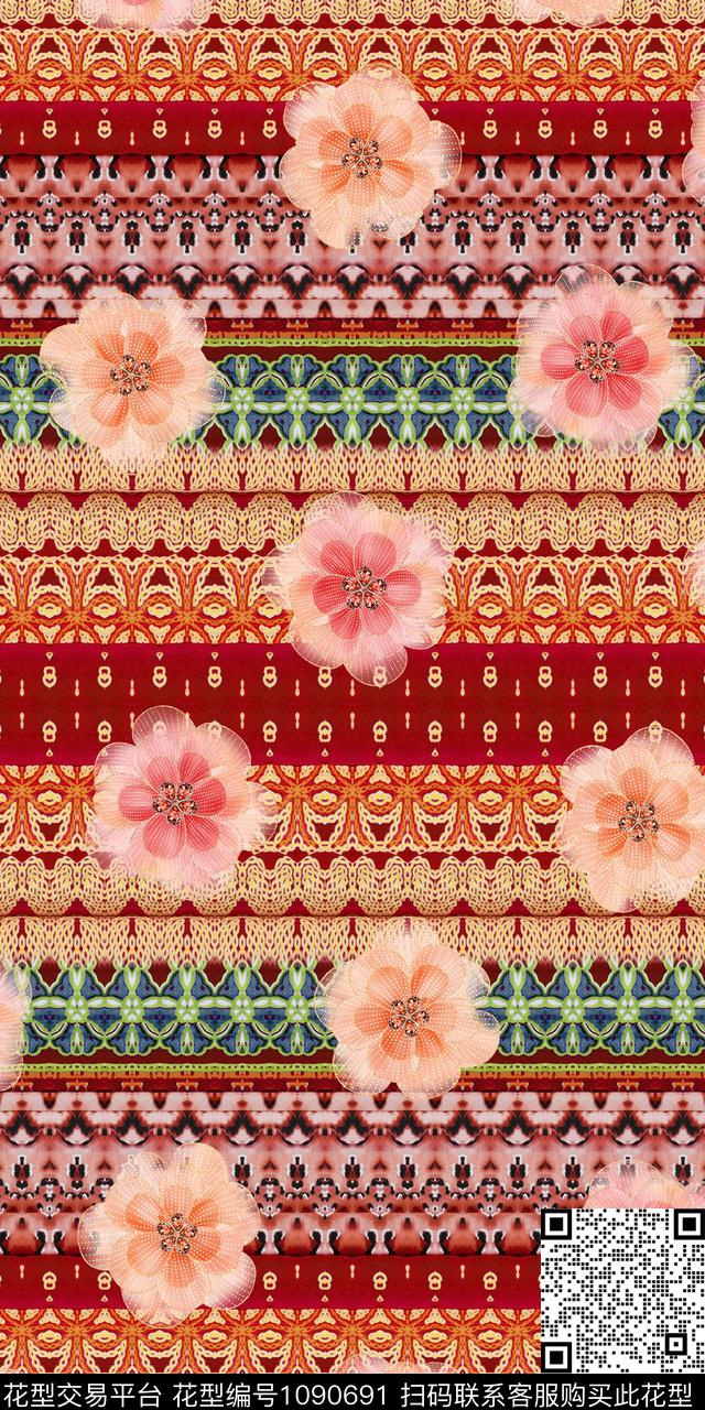 数码华亿平台民族风花卉数码印花华亿平台下载（图片编号: 1090691） - 瓦栏（Walan）