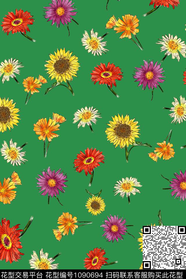 小碎花菊花手绘花卉数码印花华亿平台下载（图片编号: 1090694） - 瓦栏（Walan）