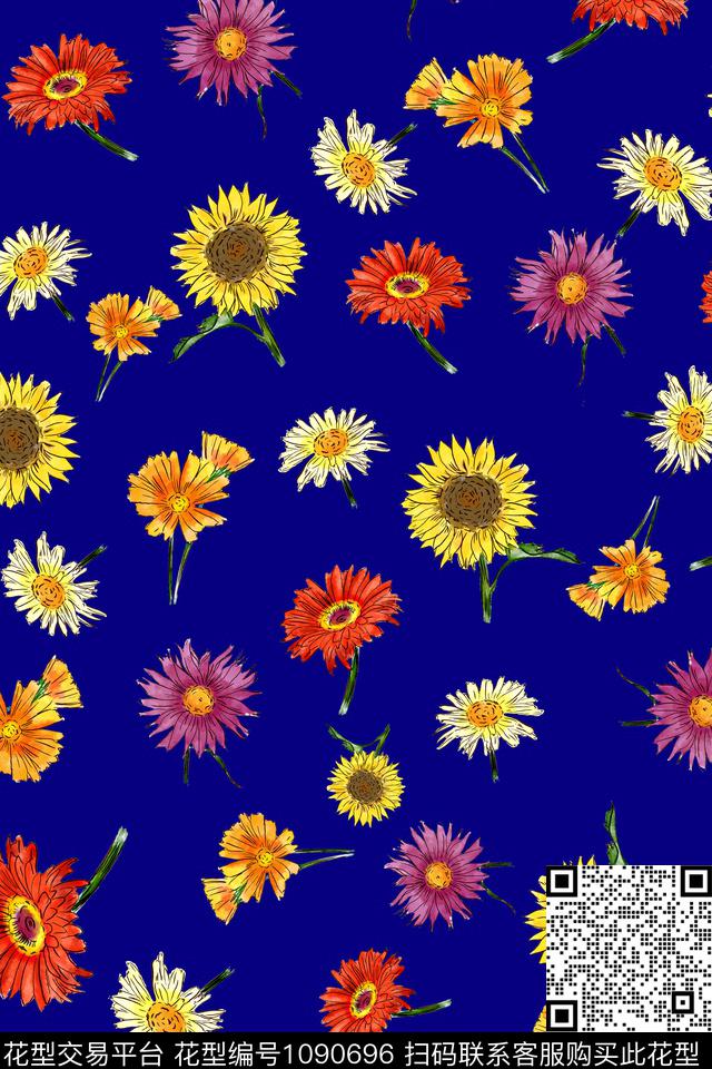 小碎花菊花手绘花卉数码印花华亿平台下载（图片编号: 1090696） - 瓦栏（Walan）