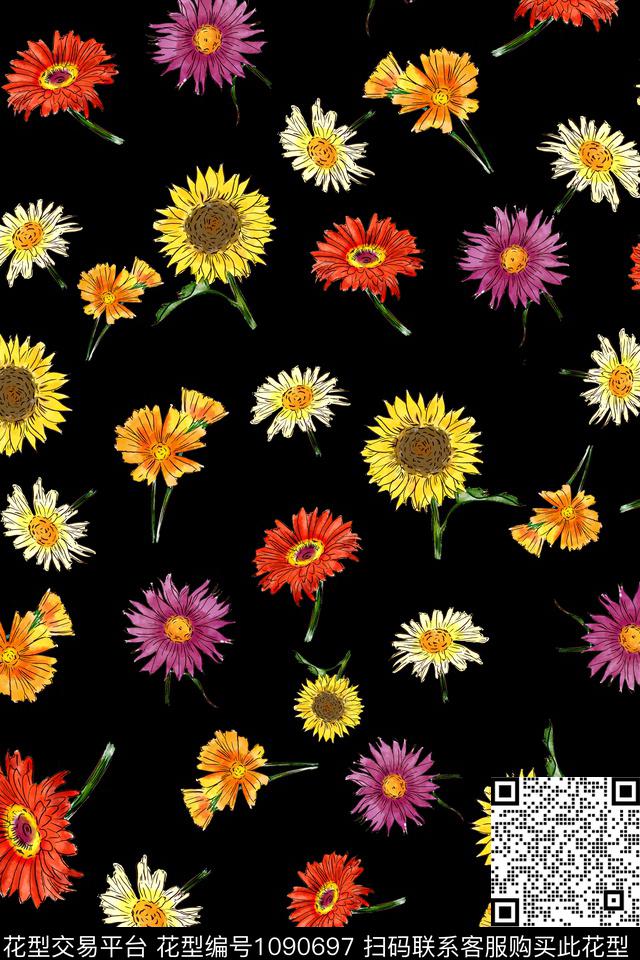 小碎花菊花手绘花卉数码印花华亿平台下载（图片编号: 1090697） - 瓦栏（Walan）