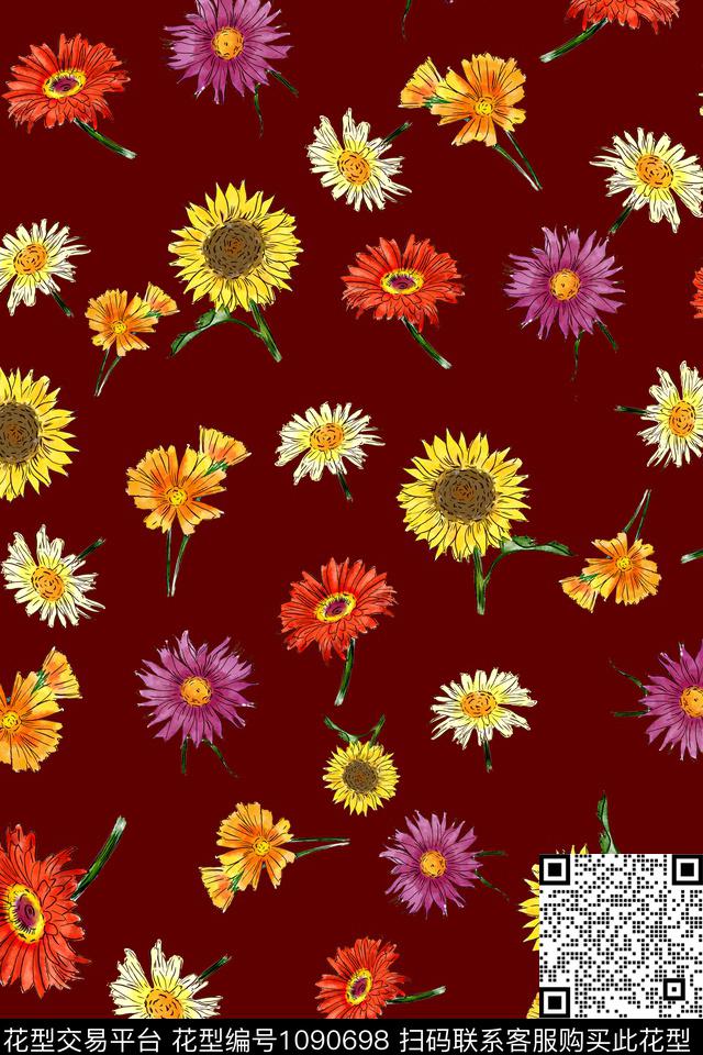 小碎花菊花手绘花卉数码印花华亿平台下载（图片编号: 1090698） - 瓦栏（Walan）