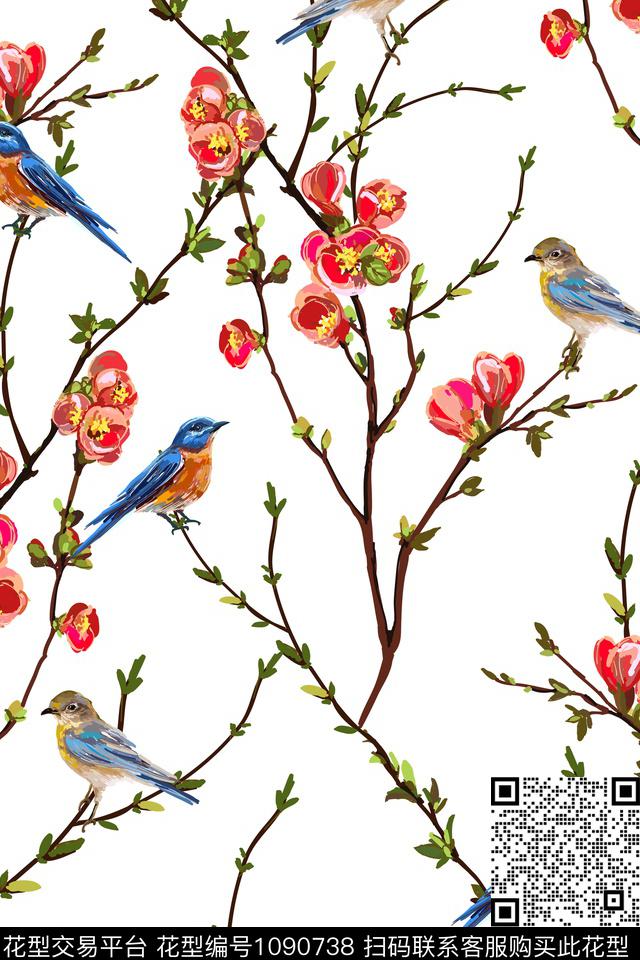 鲜花鸟树枝数码印花华亿平台下载（图片编号: 1090738） - 瓦栏（Walan）