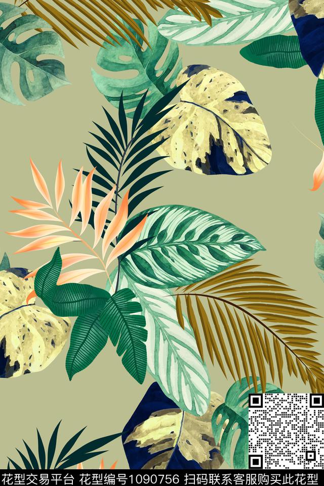 绿植树叶热带华亿平台水彩肌理数码印花华亿平台下载（图片编号: 1090756） - 瓦栏（Walan）