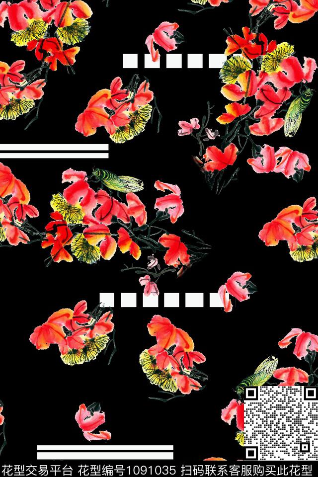 淑女鲜花波点数码印花华亿平台下载（图片编号: 1091035） - 瓦栏（Walan）