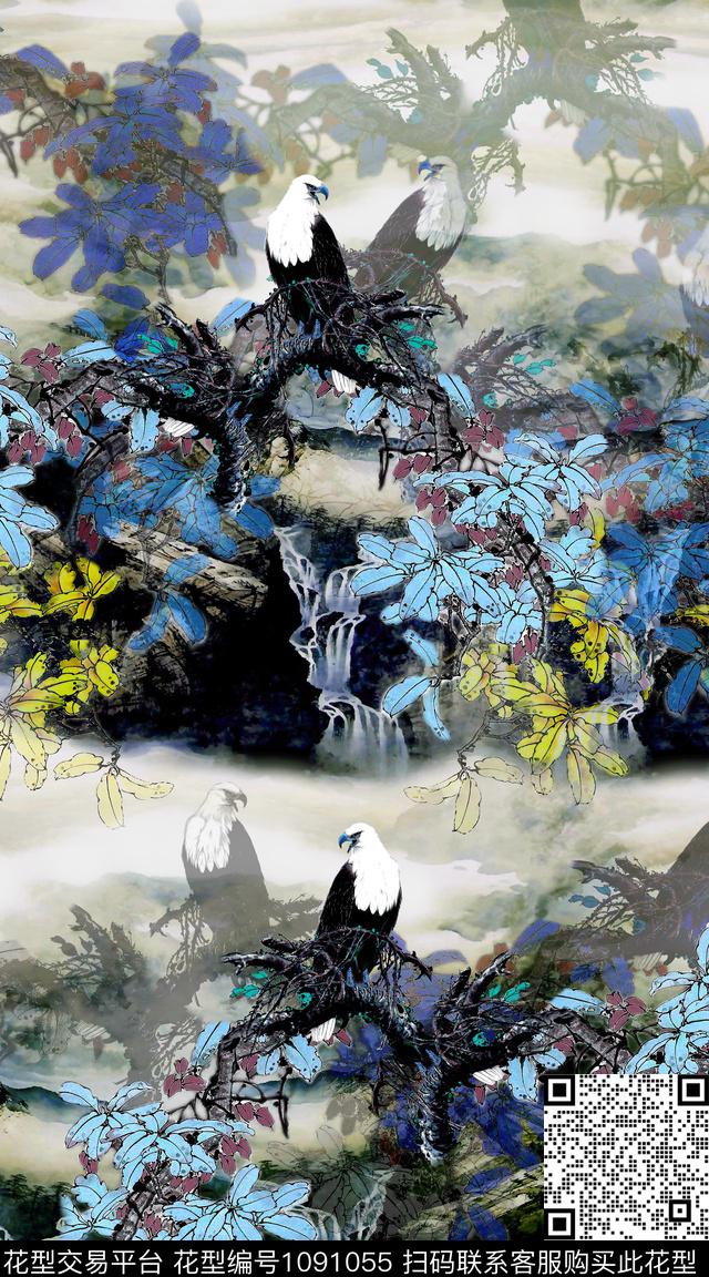 定位花中国风老鹰数码印花华亿平台下载（图片编号: 1091055） - 瓦栏（Walan）