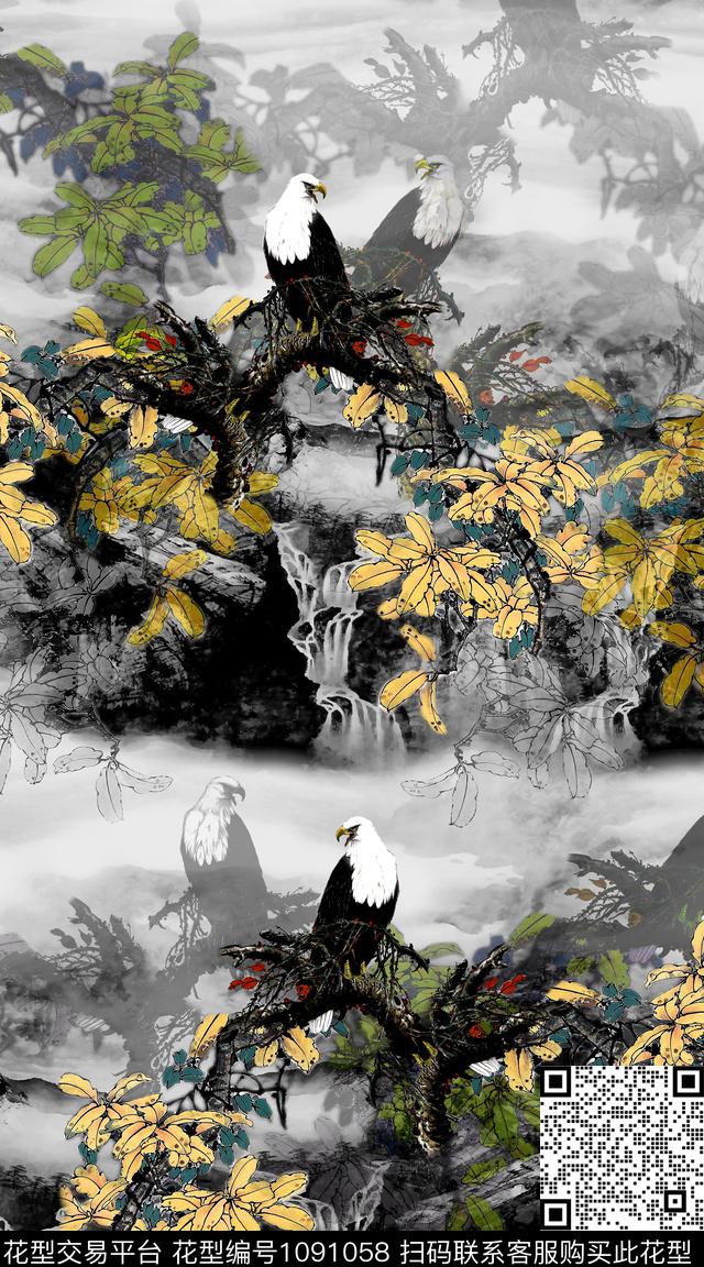 定位花中国风老鹰数码印花华亿平台下载（图片编号: 1091058） - 瓦栏（Walan）
