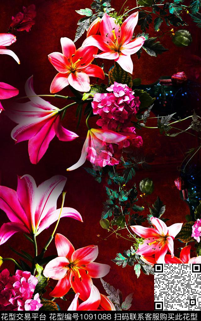 数码华亿平台花卉写实花卉数码印花华亿平台下载（图片编号: 1091088） - 瓦栏（Walan）