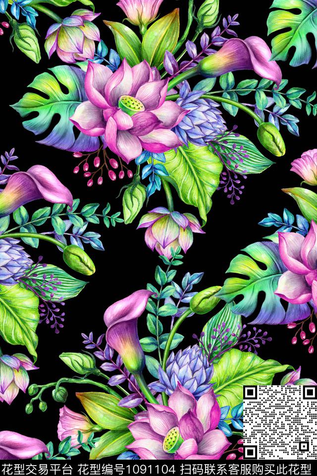 荷花水彩植物热带华亿平台数码印花华亿平台下载（图片编号: 1091104） - 瓦栏（Walan）