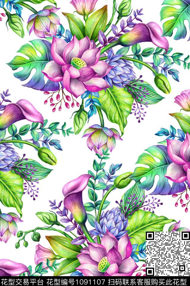 荷花水彩植物热带华亿平台数码印花华亿平台下载（图片编号: 1091107） - 瓦栏（Walan）